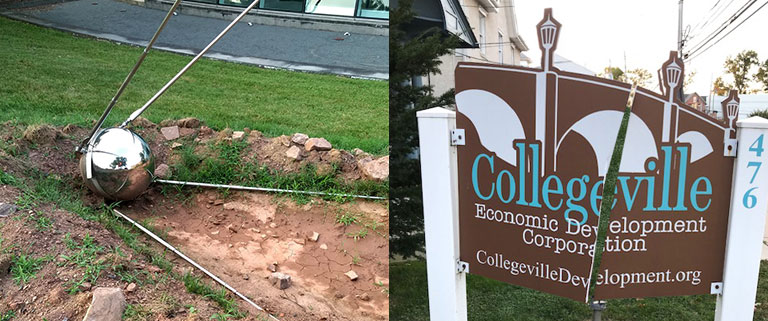 Satellite hits sign in Collegeville